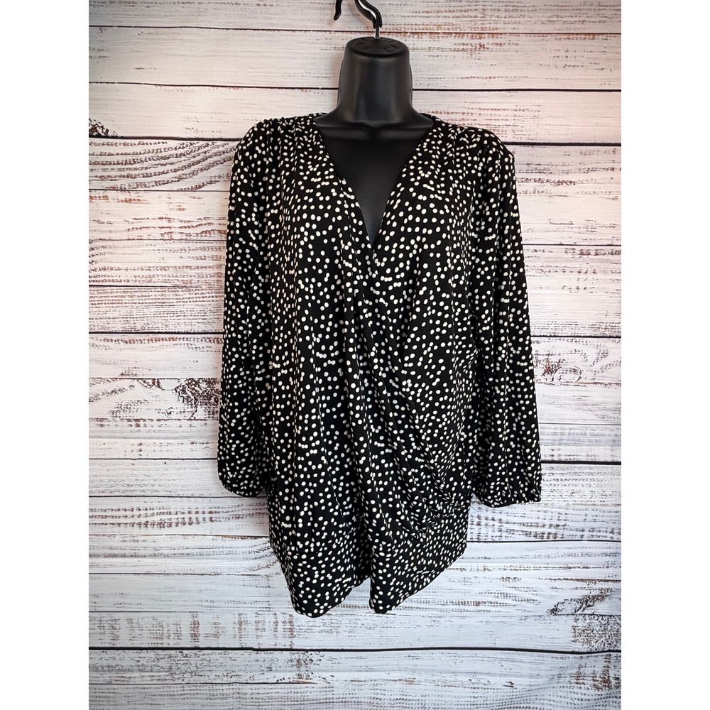 Talbots XL Black White Polka Dot Long‎ Sleeve Twist Front Blouse Top Drapey